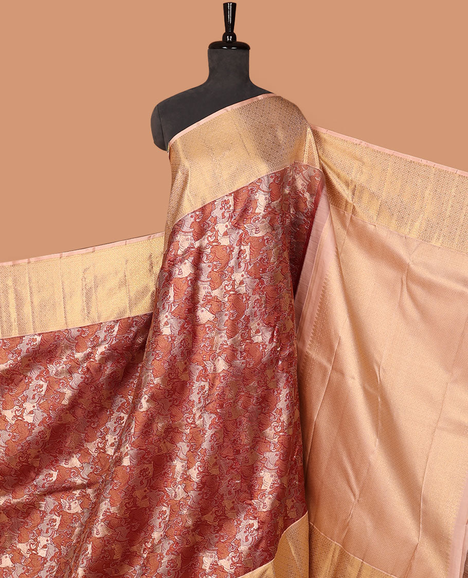 Red pichwai cow jacquard silk saree, contrast border of manga mokku,kathir & jaal design & intricate zari woven pallu