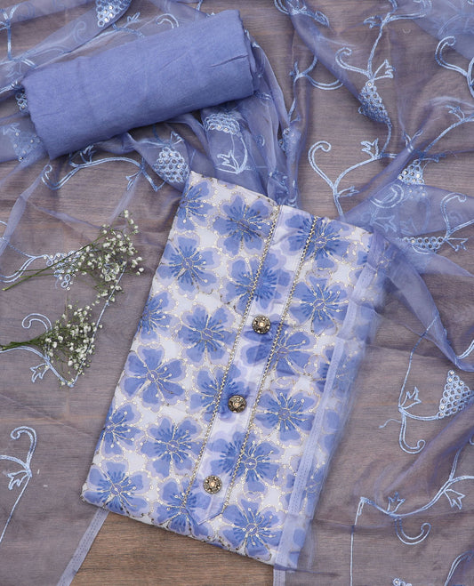 Lavender material chudidar set, floral print with sequins embroidery top, plain bottom, and paisley vine sequins embroidered dupatta