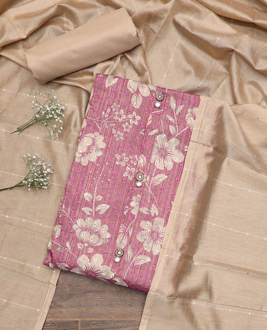 Pink material chudidar set, floral print with thread embroidered top, contrast plain bottom and sequins striped dupatta