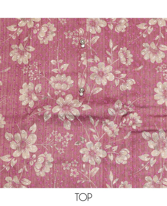 Pink material chudidar set, floral print with thread embroidered top, contrast plain bottom and sequins striped dupatta