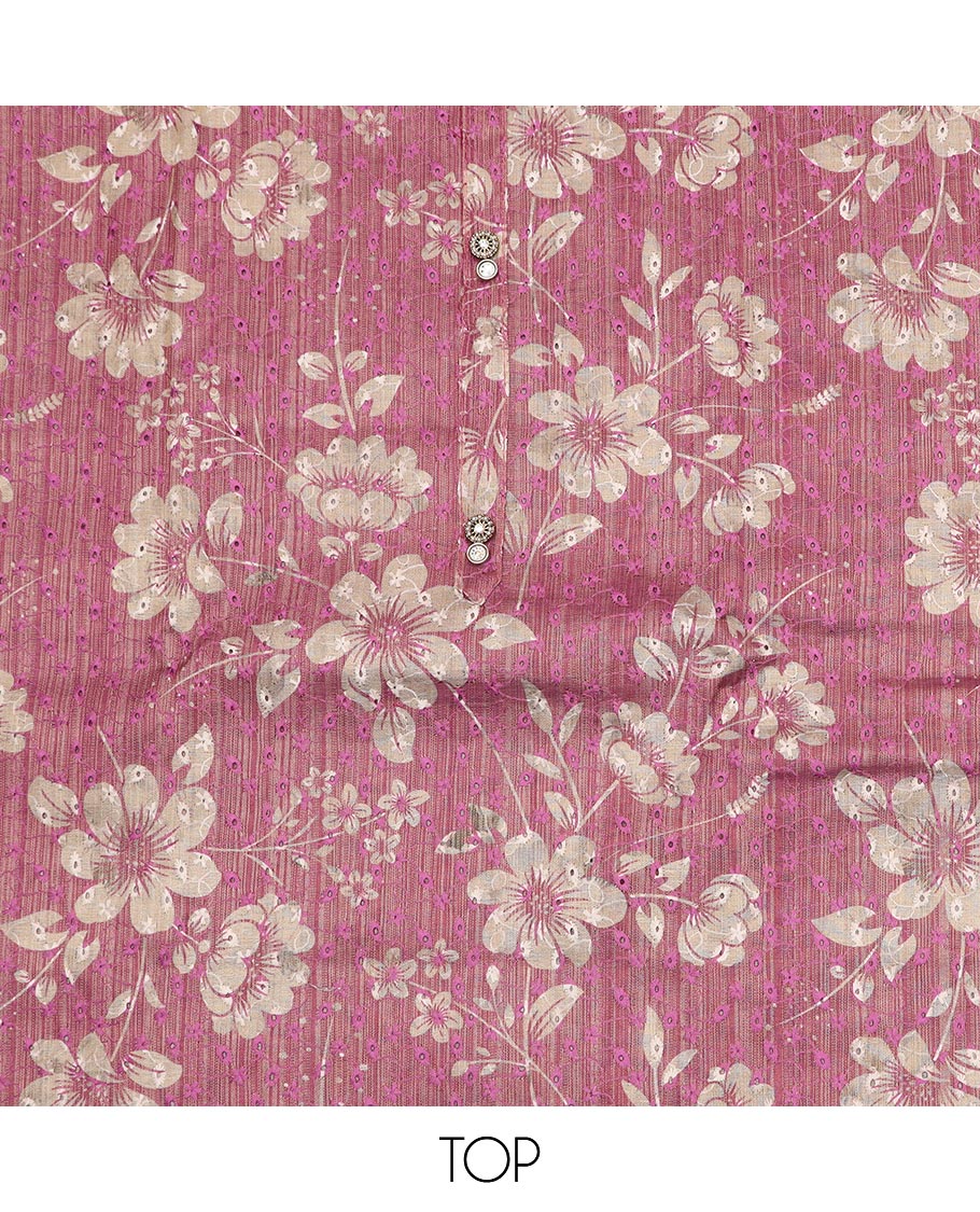 Pink material chudidar set, floral print with thread embroidered top, contrast plain bottom and sequins striped dupatta