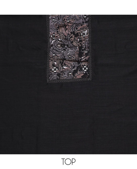 Black material chudidar set, abstract printed with mirror work embroidered top, plain bottom and abstract printed dupatta