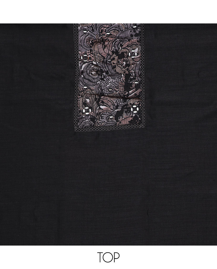 Black material chudidar set, abstract printed with mirror work embroidered top, plain bottom and abstract printed dupatta