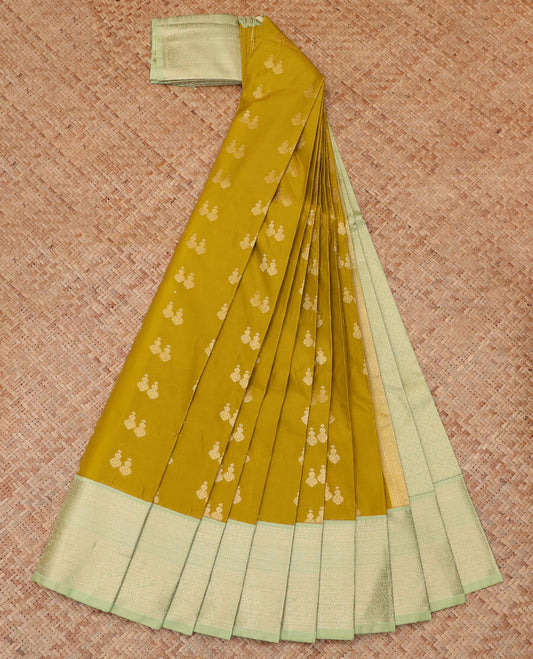 Leaf Green Budget Silk Saree, Gleamed Up with Zari Buttas and Stripes, a Contrast Traditional Zari Border, Grand Pallu, and a Contrast Blouse