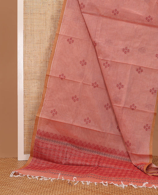 Peach checks & buttas Coimbatore cotton saree, contrast plain border & pallu of intricate designs