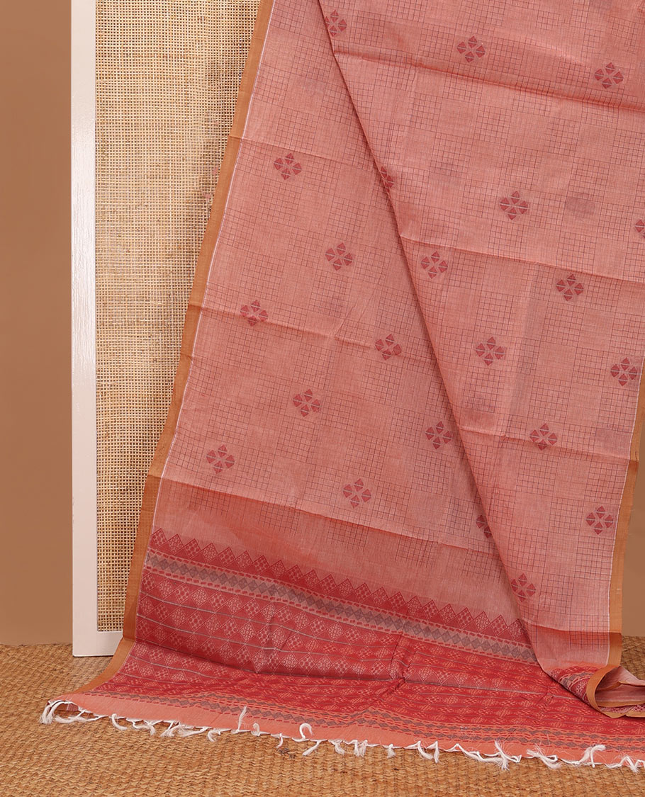 Peach checks & buttas Coimbatore cotton saree, contrast plain border & pallu of intricate designs