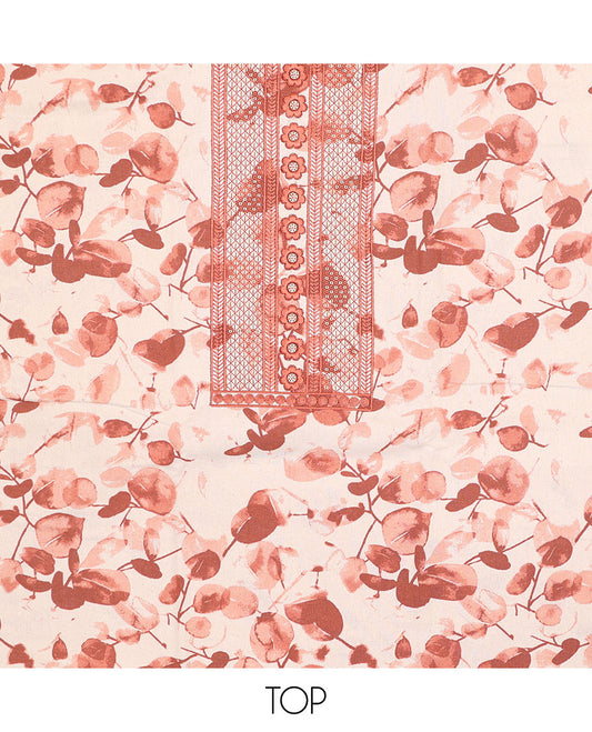 Orange chudidhar material set, floral print & embroidery cotton top, plain bottom & floral printed chiffon dupatta