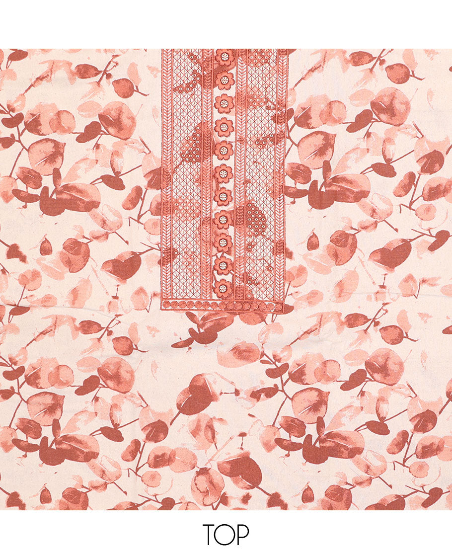 Orange chudidhar material set, floral print & embroidery cotton top, plain bottom & floral printed chiffon dupatta