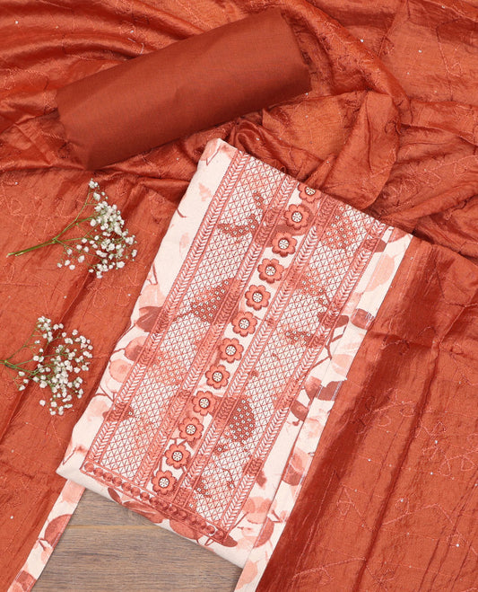 Orange chudidhar material set, floral print & embroidery cotton top, plain bottom & floral printed chiffon dupatta