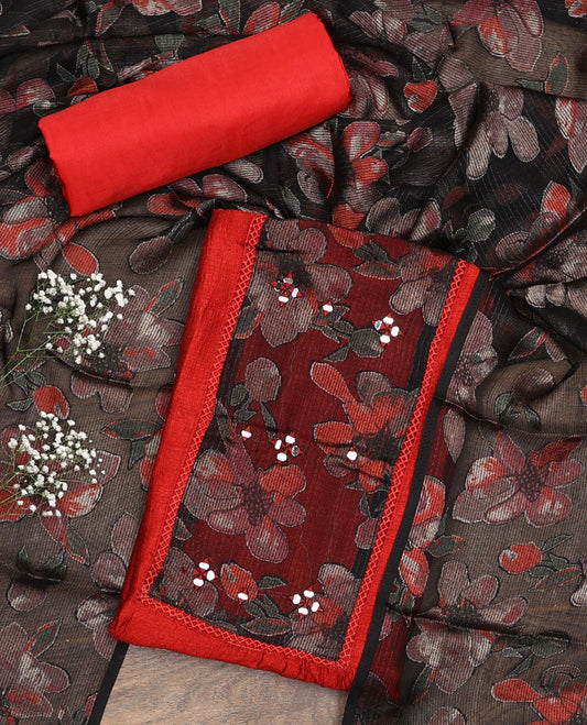 Orange material chudidar set, plain with patch embroidered work top, plain bottom, and floral printed dupatta