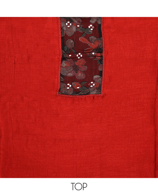 Orange material chudidar set, plain with patch embroidered work top, plain bottom, and floral printed dupatta