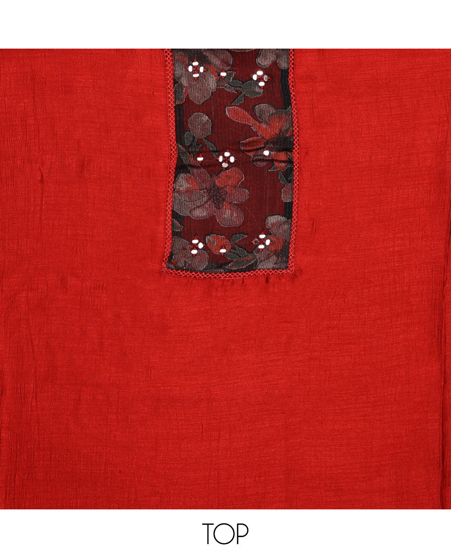 Orange material chudidar set, plain with patch embroidered work top, plain bottom, and floral printed dupatta