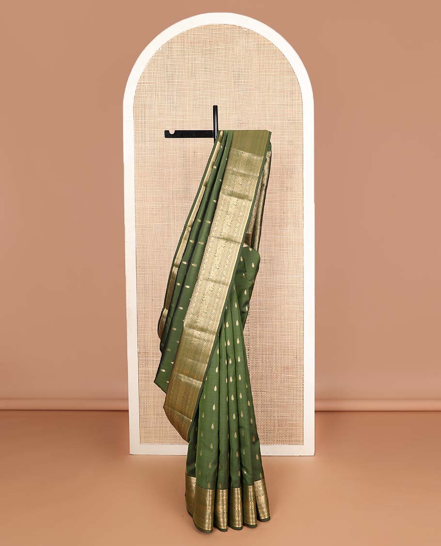Green zari buttas Vasundhara silk mix saree, zari border of rekku,muthu & kodi siry designs & chakram motifs steeped pallu