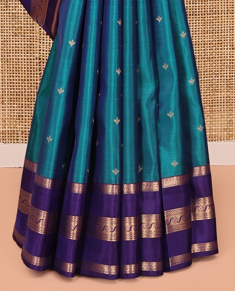 Blue Vasundhara Lite Silk Mix Saree, Showcasing Zari Buttas All Over Its Body, Complemented by Contrast Varisai Pettu Border of Kathir, Muthu, and Floral Designs, Jaal Pallu, and Paired with a Contrast Blouse