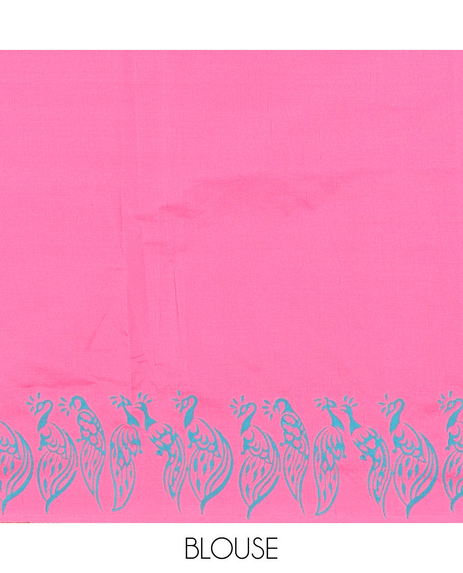 Pink South Cotton Saree Subtly Block Printed with Peacock Motifs, Complemented with a Self-Border of Bold Peacock Motifs Block Print, and a Contrast Paisley-Floral Block Printed Blouse
