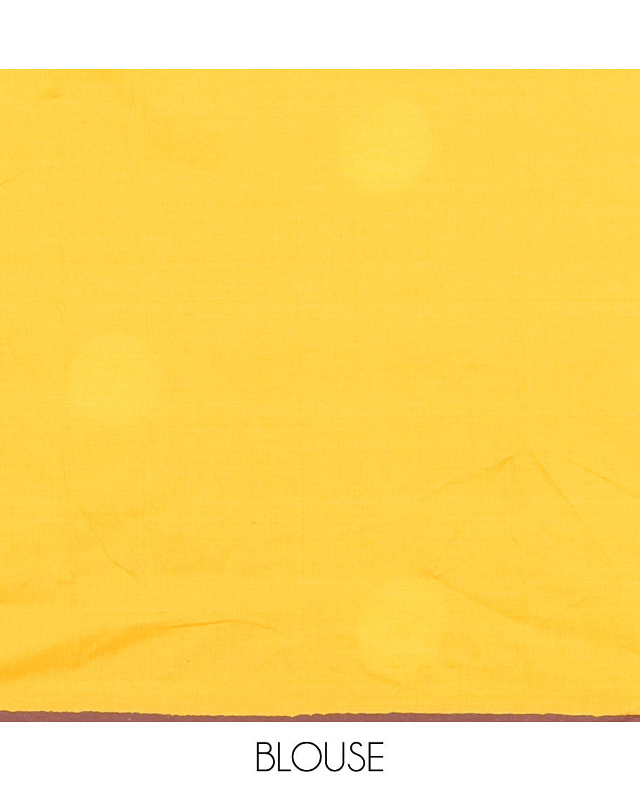 Yellow South Cotton Saree Featuring Eagle Motifs Enclosed Circles, Highlighted with a Contrast Border, and a Contrast Floral Motifs Block Printed Blouse