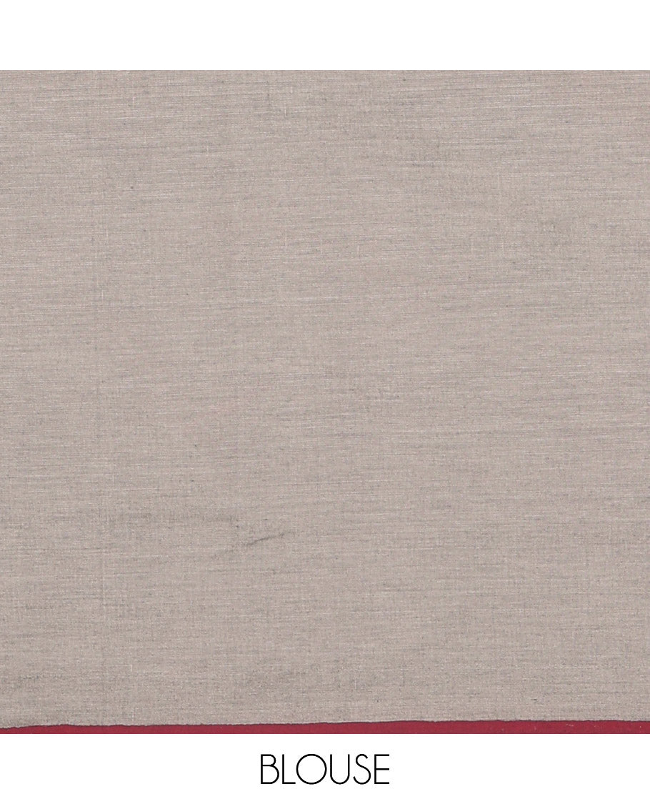 Grey South Cotton Saree Featuring Bunny Motifs Print, Highlighted with a Contrast Piping Border, and a Contrast Paisley Vine Block Printed Blouse