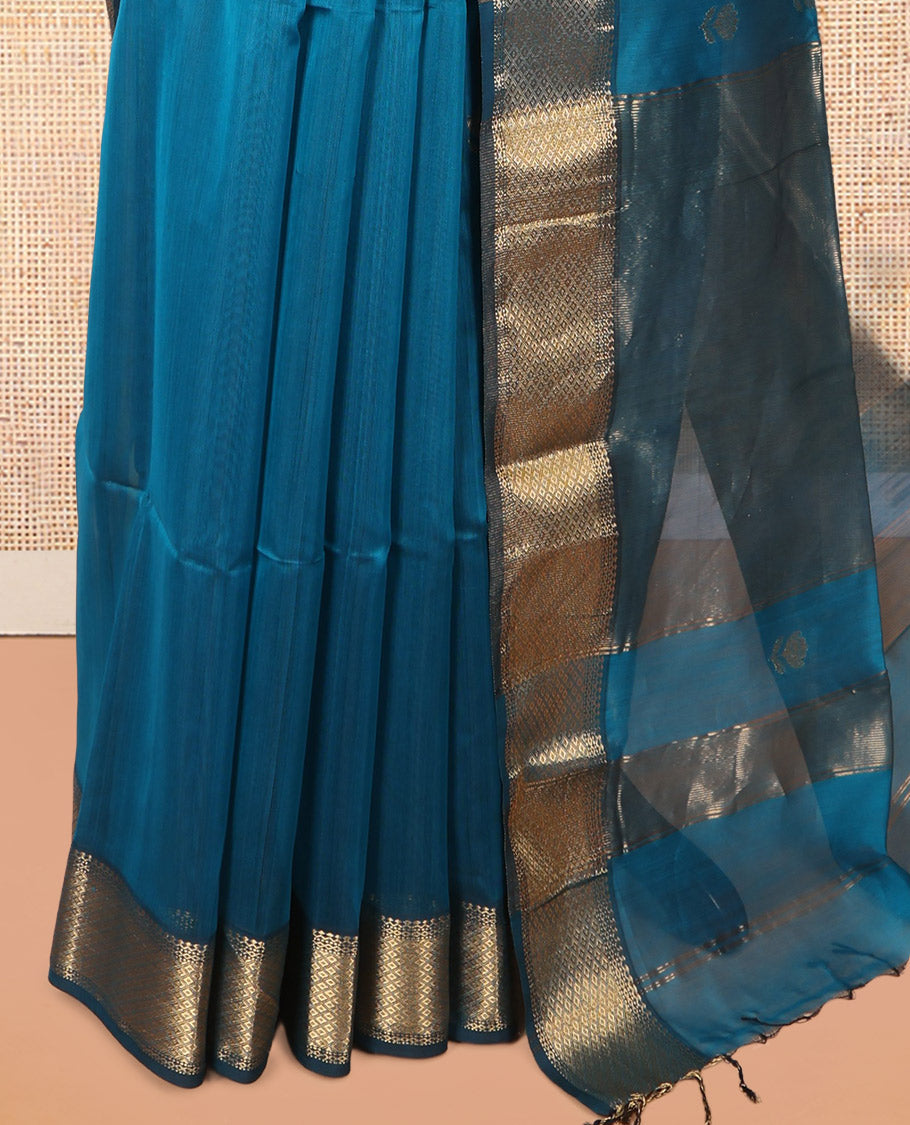 Blue Maheshwari Cotton Saree, Enriched with Zari Buttas, a Contrast Traditional Zari Border, Pallu of Zari Design, and a Matching Blouse