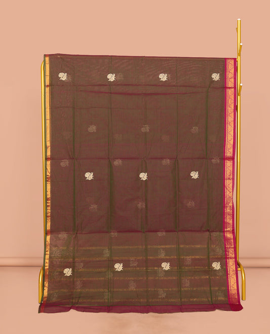 Green Dual-tone Venkatagiri Cotton Saree, Enriched with Peacock Buttas, a Contrast Zari Border, Pallu of Buttas and Stripes, and No Blouse