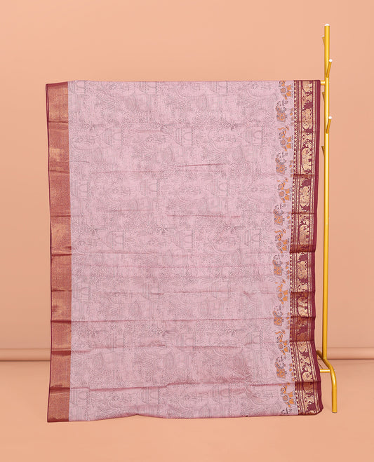 Light Pink Andhra Cotton Saree, Gleamed Up with Village-Themed Print, a Contrast Zari Elephant-Peacock Border, a Pallu of Patola-Print, and a Matching Blouse
