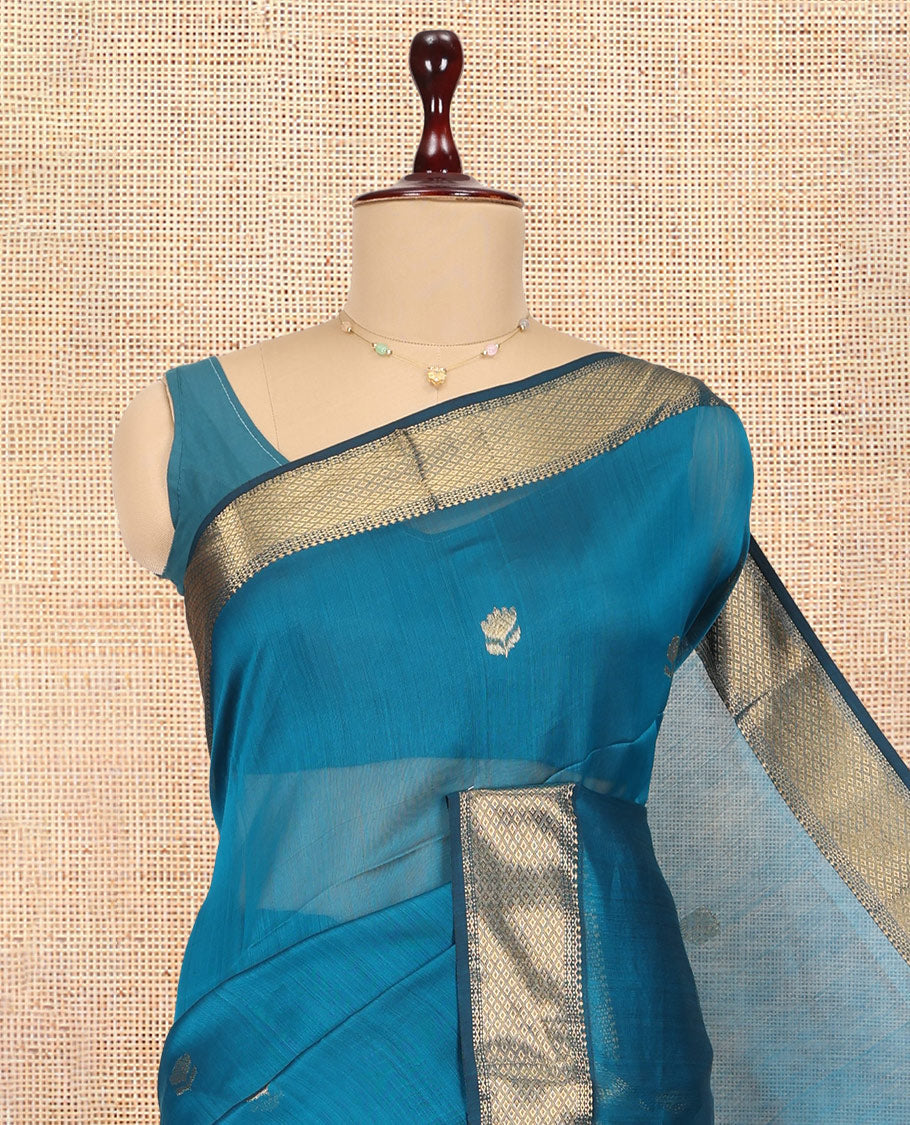 Blue Maheshwari Cotton Saree, Enriched with Zari Buttas, a Contrast Traditional Zari Border, Pallu of Zari Design, and a Matching Blouse