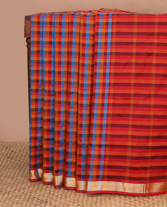 Multi-color checked design poly cotton saree, zari border & contrast striped pallu