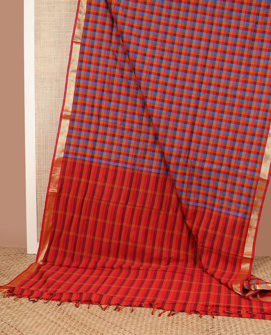 Multi-color checked design poly cotton saree, zari border & contrast striped pallu