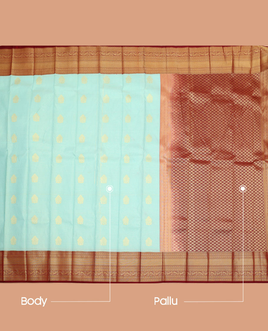 Blue Budget Silk Saree, Sparsely Sparkled with Micro-Checks and Buttas All Over Its Body, Complemented by a Contrast Traditional Zari Design Border, Pallu of Intricate Designs, and Paired with a Contrast Blouse