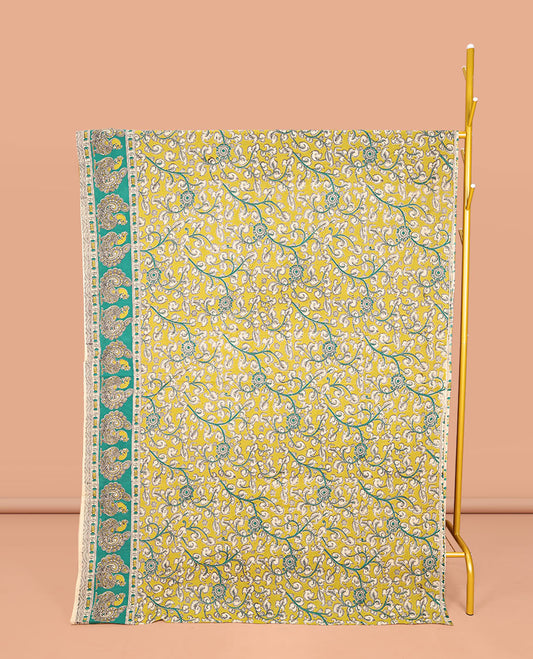 Green Machine-Printed Kalamkari Cotton Saree, Embellished with Floral Vine on Its Body, Complemented by a Contrast Border of Peacock Print, Pallu of Floral-Geometric Print, and Paired with a Matching Blouse
