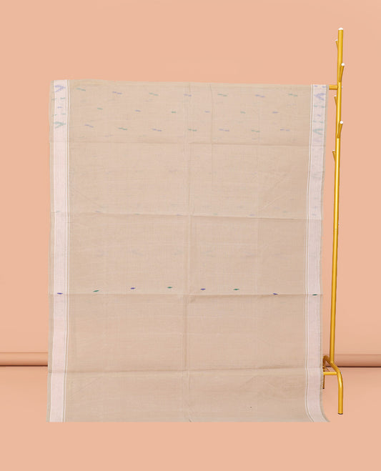Beige Bengal Cotton Saree, Steeped with Thread Buttas, a Subtle Border, a Pallu of Stripes and Buttas, and a Matching Blouse