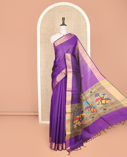Purple Dupion Silk Saree Beautified with Muniya Buttas All Over Its Body, Subtly Self-Zari Border of Muniya Designs, Colorfully Woven Pallu of Floral Motifs, and Paired with a Matching Blouse