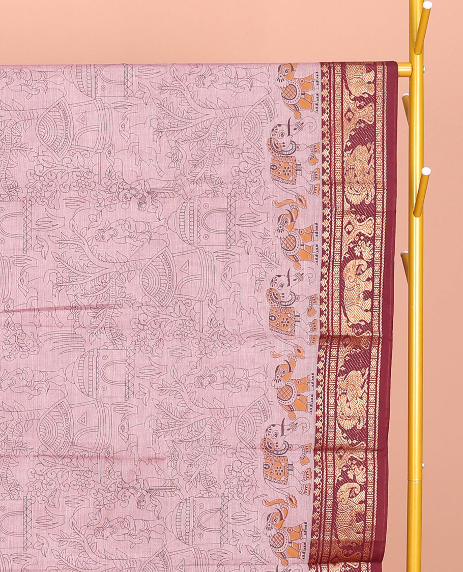 Light Pink Andhra Cotton Saree, Gleamed Up with Village-Themed Print, a Contrast Zari Elephant-Peacock Border, a Pallu of Patola-Print, and a Matching Blouse