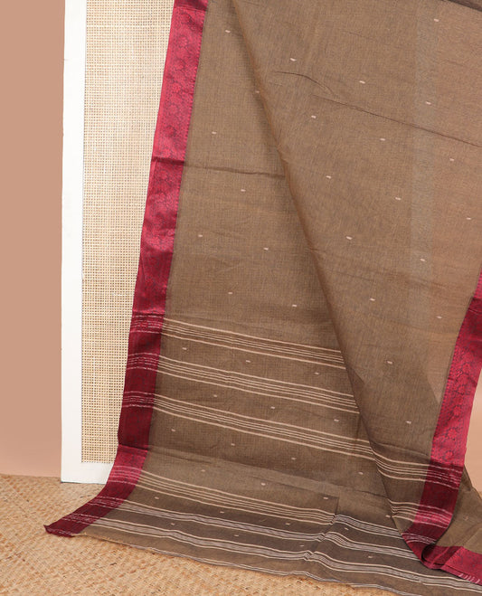 Brown motifs bengal cotton saree with contrast floral zari design border & striped, motifs pallu