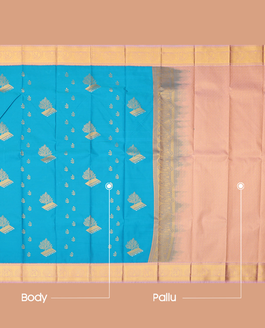Blue Budget Silk Saree, Decorated with Zari Buttas, Complemented by Contrast Traditional Zari Border, a Grand Pallu and a Contrast Blouse