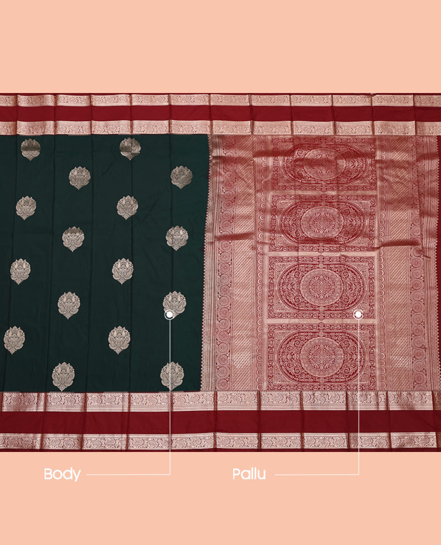 Bottle Green Budget Silk Saree, Enriched with Zari Buttas All Over Its Body, Complemented by a Contrast Traditional Zari Design Rettai Pettu Border, Intricately Designed Pallu, and Paired with a Contrast Blouse