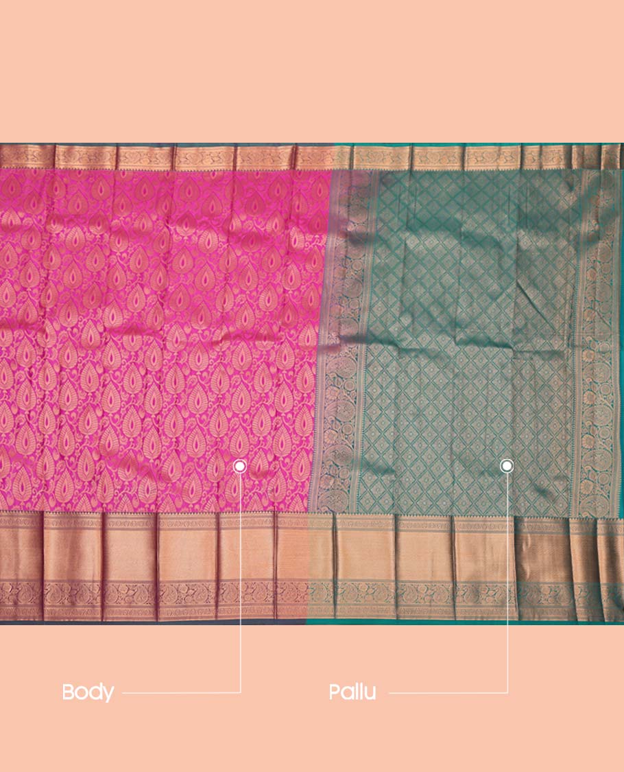 Pink Budget Silk Saree, Detailed with Jacquard Design, Complemented by a Contrast Traditional Zari Border, Grand Jaal Pallu, and a Contrast Blouse