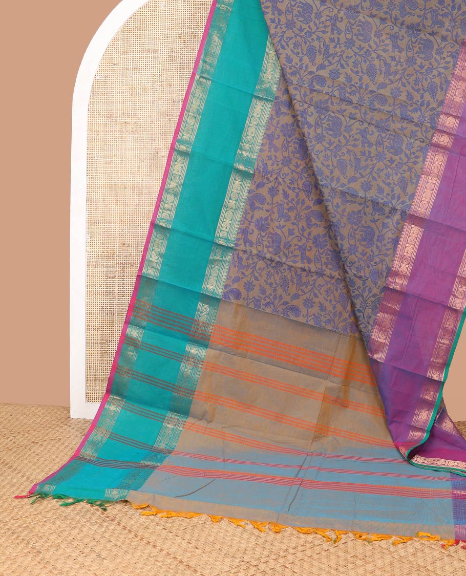 Light brown floral vine design chettinad cotton saree with contrast ganga jamuna zari design & striped pallu