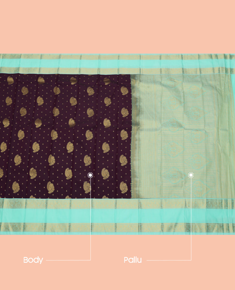Brown Budget Silk Saree, Embellished with Zari Buttas, Complemented by a Contrast Traditional Zari Rettai Pettu Border, Grand Pallu, and Contrast Blouse