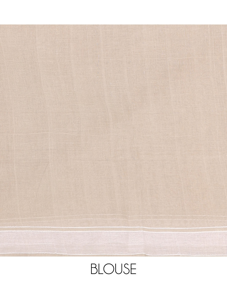 Beige Bengal Cotton Saree, Steeped with Thread Buttas, a Subtle Border, a Pallu of Stripes and Buttas, and a Matching Blouse