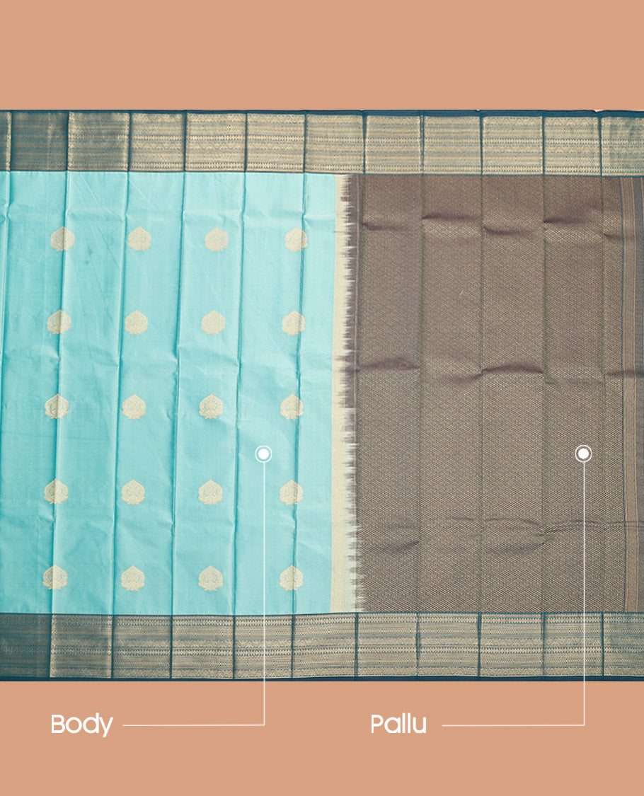 Blue Budget Silk Saree, Decked Up with Zari Buttas, Complemented by a Contrast Traditional Zari Border, Grand Pallu, and a Contrast Blouse