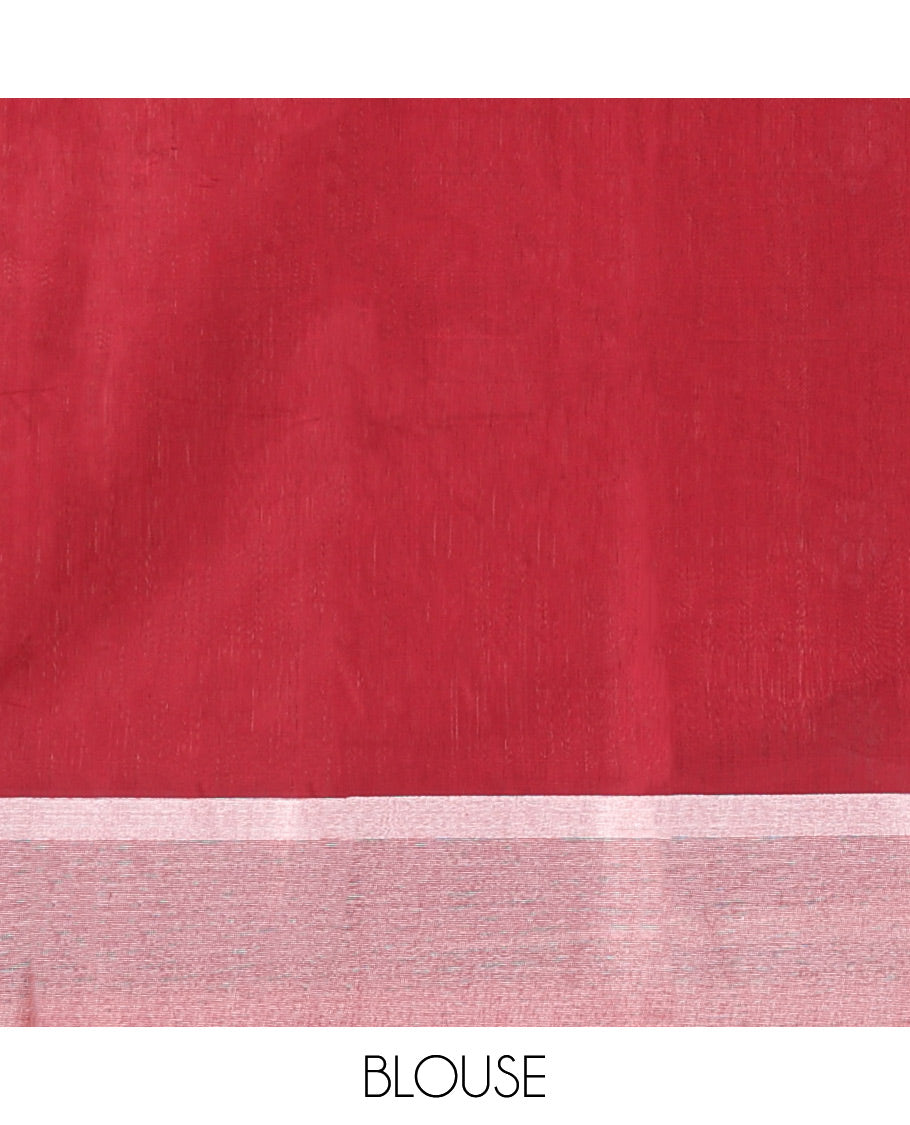 Red Semi-Silk Cotton Saree, Elegantly Highlighted with Floral Zari Buttas on Its Body, Highlighted by a Self-Border, Pallu Features Floral Designs, and Paired with a Matching Blouse