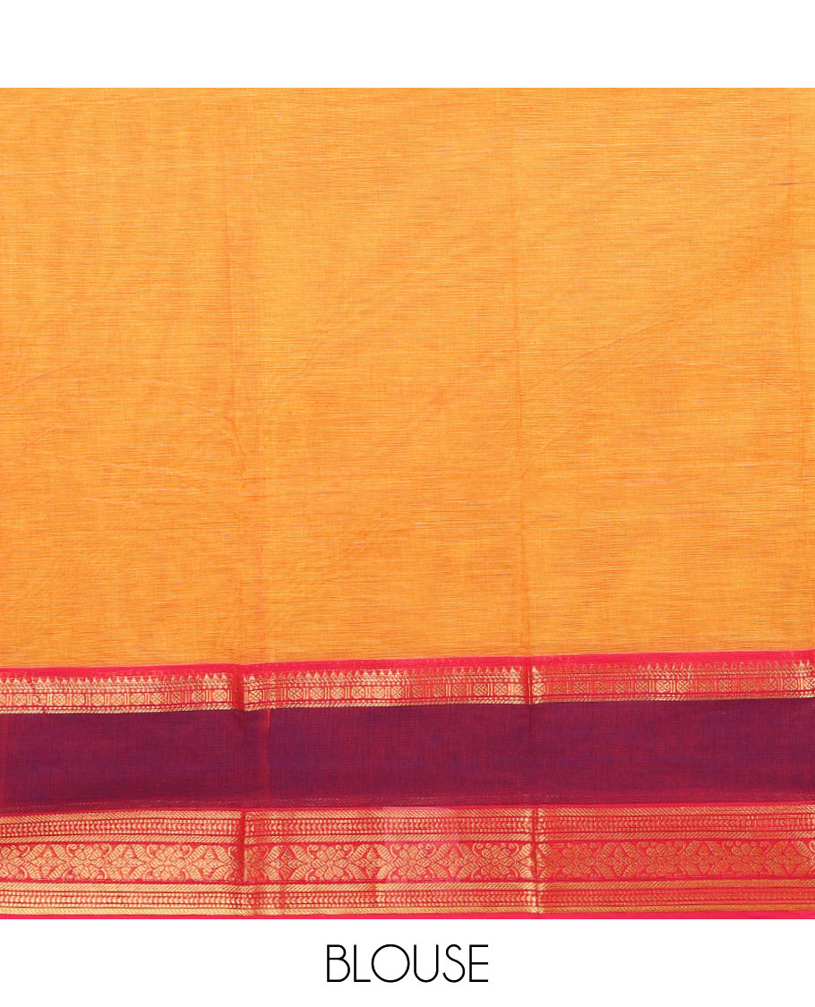 Orange Chettinad Cotton Saree Adorned with Floral Thread Buttas All Over Its Body, Complemented by Contrast Rettai Pettu Border of Traditional Designs, Pallu of Peacock and Yaali Butta Enclosed Checks, and Paired with a Matching Blouse