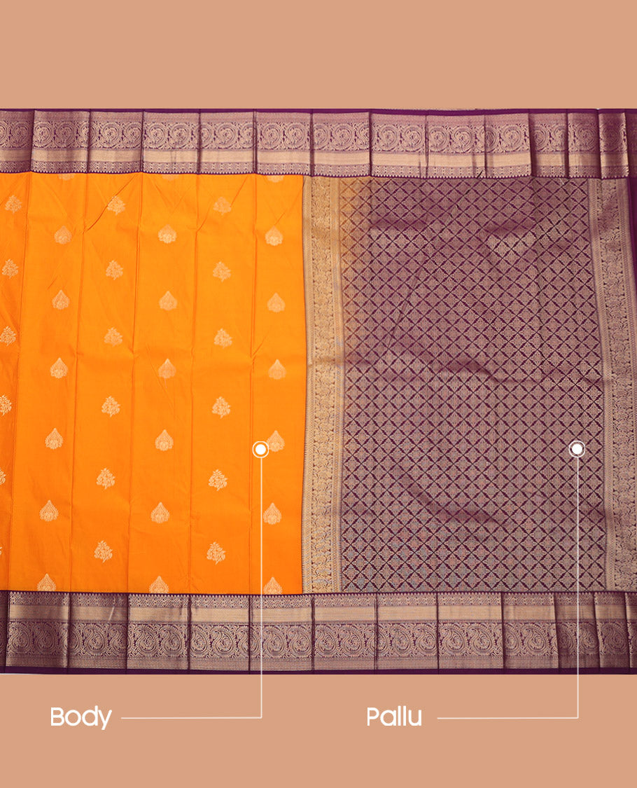 Orange Budget Silk Saree, Adorned with Zari Buttas, Complemented by a Contrast Traditional Zari Border, Grand Jaal Pallu, and Contrast Blouse