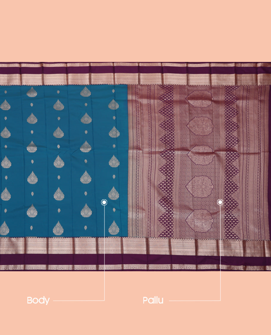 Blue Budget Silk Saree, Dazzled with Zari Buttas, Complemented by a Contrast Traditional Zari Rettai Pettu Border, Grand Pallu, and a Contrast Blouse