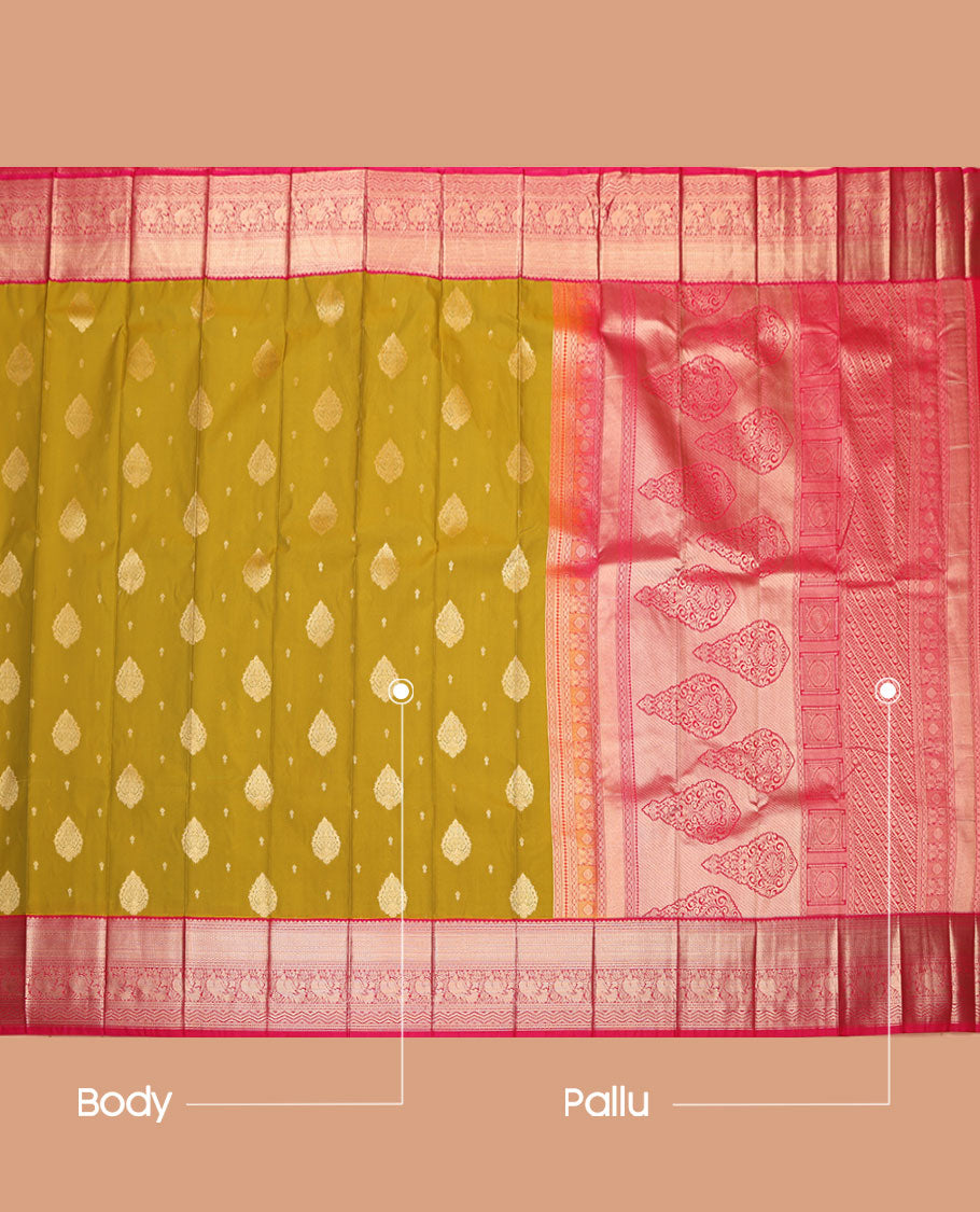 Green Budget Silk Saree, Adorned with Zari Buttas All Over Its Body, Complemented by Captivating Contrast Traditional Zari Designs Woven Border, Grand Pallu and Paired with a Contrast Blouse