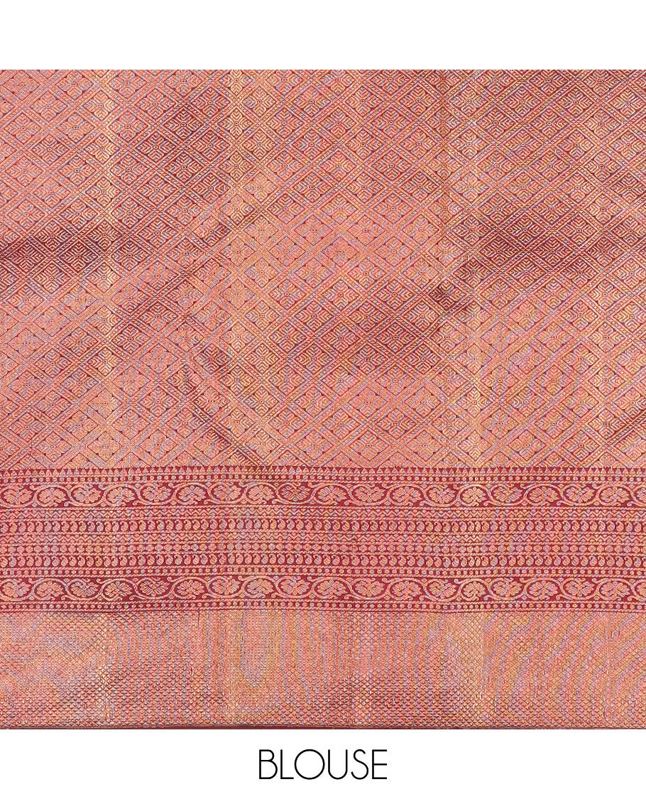 Maroon Jacquard Kanchipuram silksaree,zari border of reeku,paisa,banaras,kodi visiry,neli,manga,lavangam & mayil kann & intricate pallu