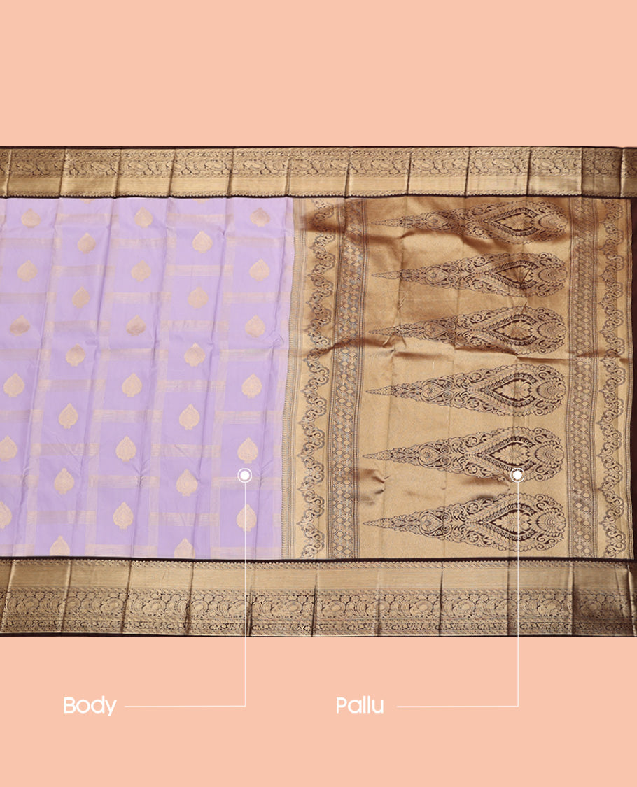 Lavender Budget Silk Saree, Sparsely Woven with Zari Butta Enclosed Checks, a Contrast Traditional Zari Design Border, Grand Pallu, and a Contrast Blouse