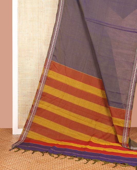 Grey Dual-Toned Plain Narayanpet Cotton Saree, Subtly Woven Traditional Motifs Thread Border, Complemented by Contrast Pallu of Colorful Stripes, and Paired with a Matching Blouse