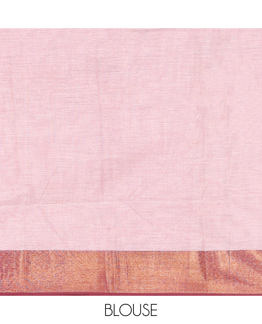 Light Pink Andhra Cotton Saree, Gleamed Up with Village-Themed Print, a Contrast Zari Elephant-Peacock Border, a Pallu of Patola-Print, and a Matching Blouse