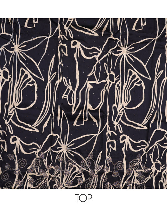 Black Material Chudidar Set, Artfully Detailed with Abstract Print and Floral Embroidered Cotton Top, a Plain Cotton Bottom, and Paired with Intricately Printed Cotton Dupatta